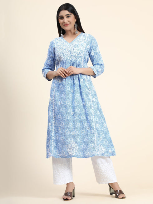 Hand embroidery Chikankari V neck Anarkali Dress | Long Kurti in Cotton For Women 2